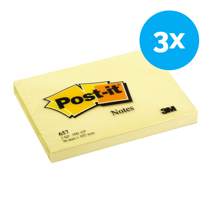 Memoblokje 3M Post-it - 102 x 76 mm geel  - 3 x 100 stuks